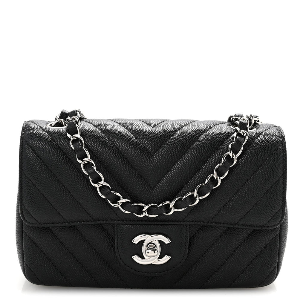 Caviar Chevron Quilted Mini Rectangular Flap Black