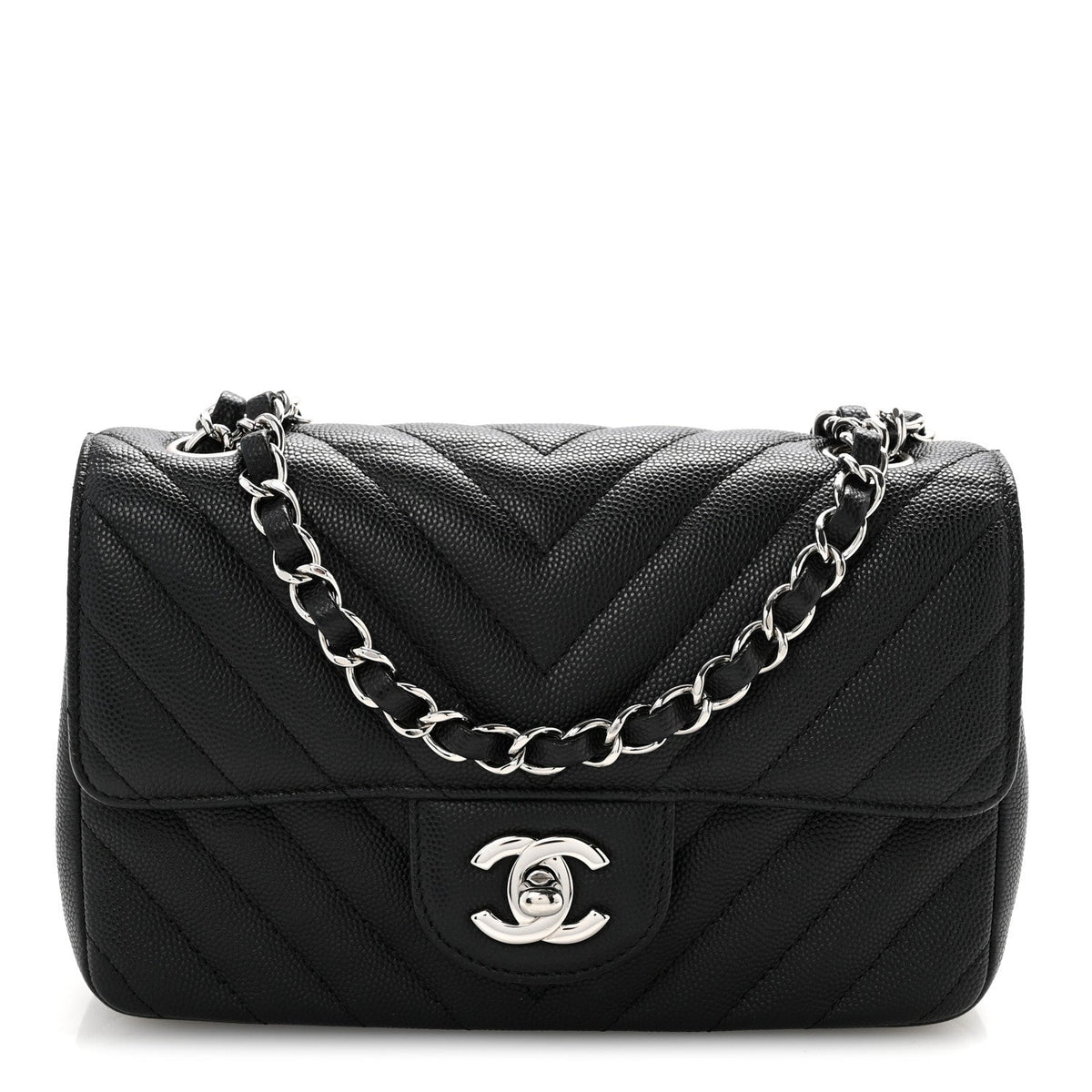 Caviar Chevron Quilted Mini Rectangular Flap Black