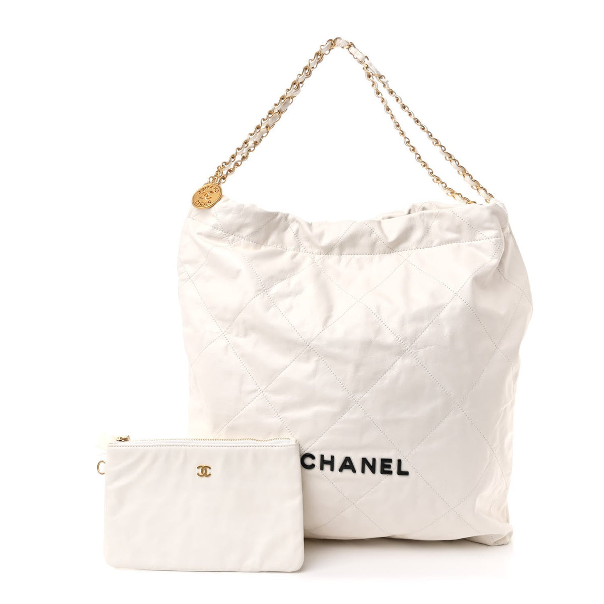 Shiny Calfskin Quilted Large Chanel 22 White Black