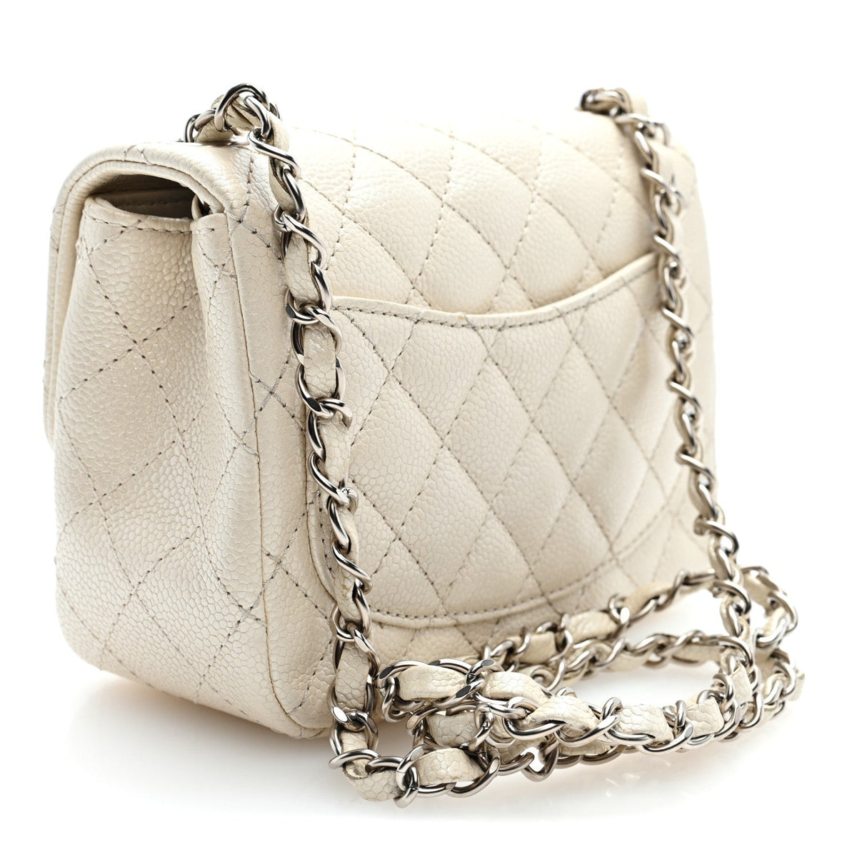 Iridescent Caviar Quilted Mini Square Flap White