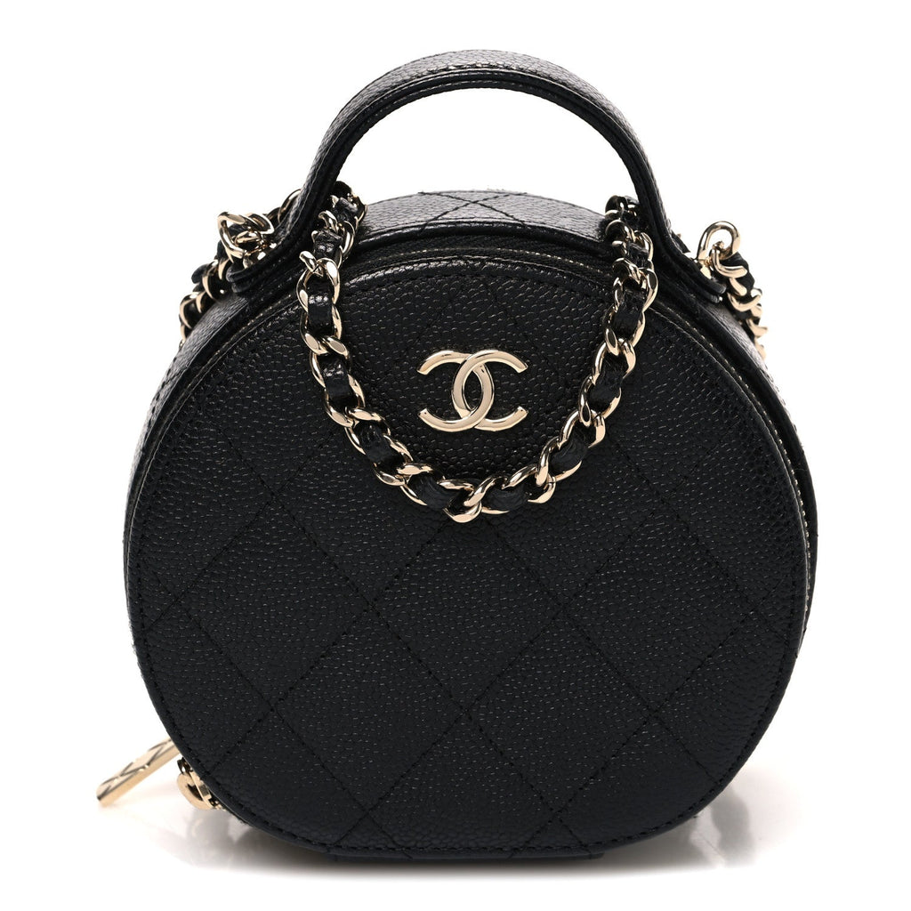 Caviar Quilted Round Handle With Care Vanity With Chain Black