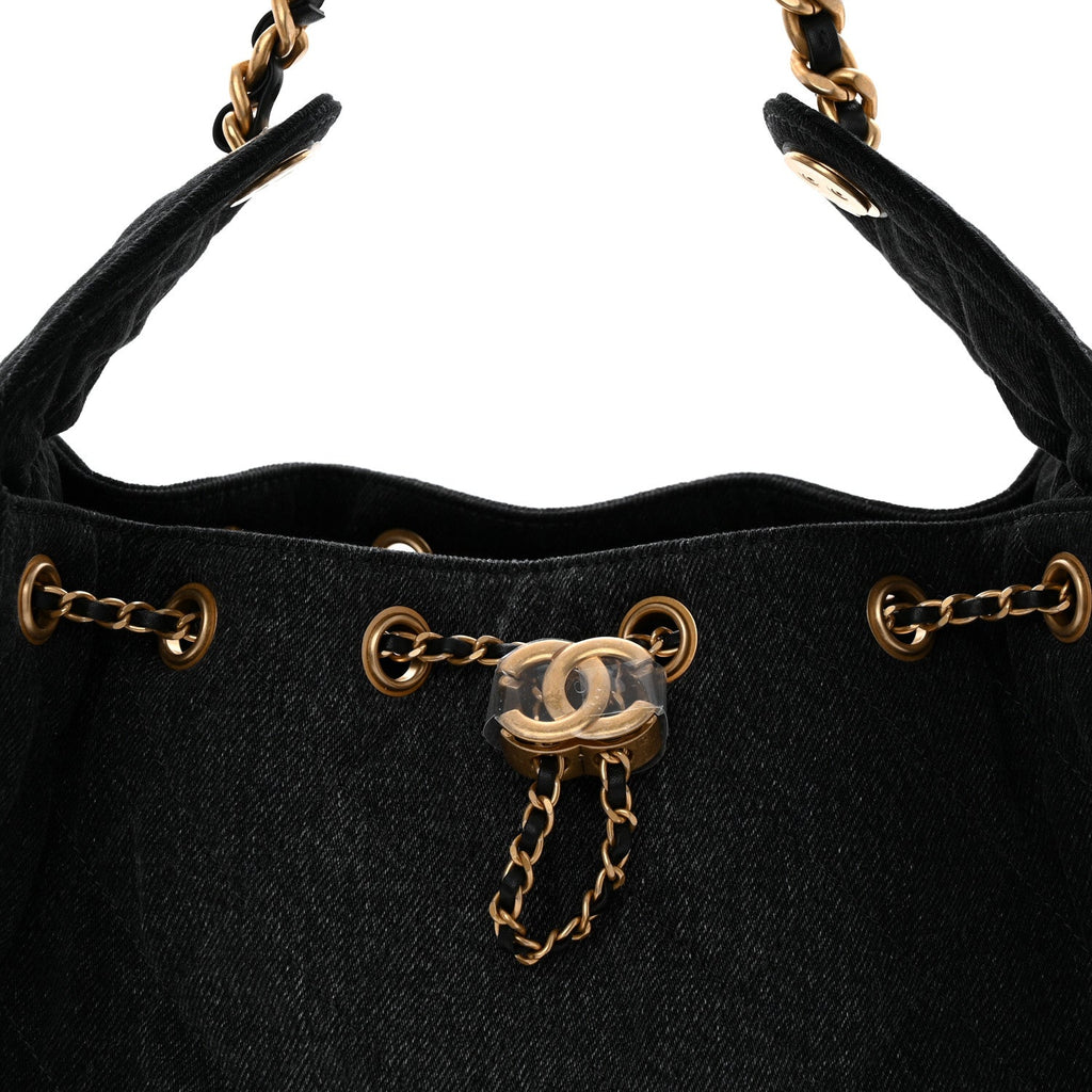 Washed Denim Quilted Small Chanel 25 Handbag Black