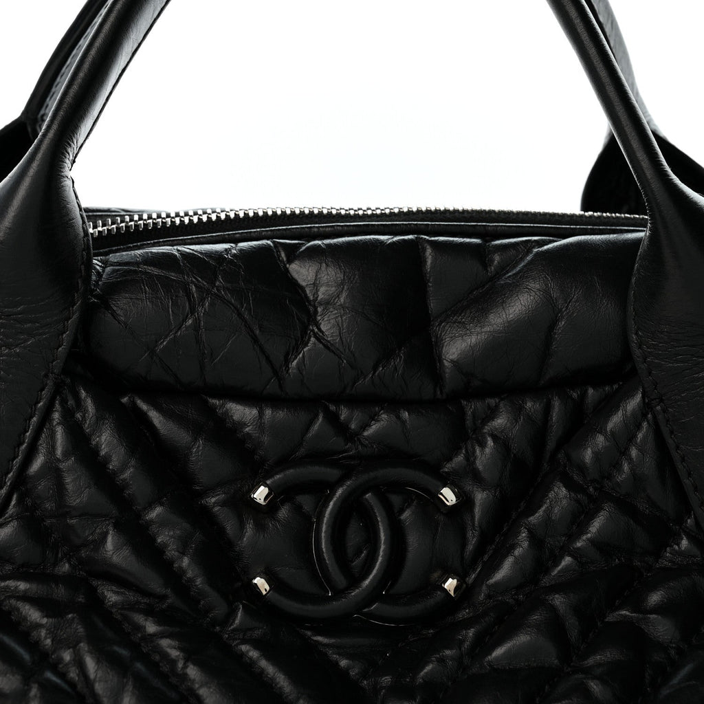 Aged Calfskin Chevron Medium Soft Bowling Bag Black