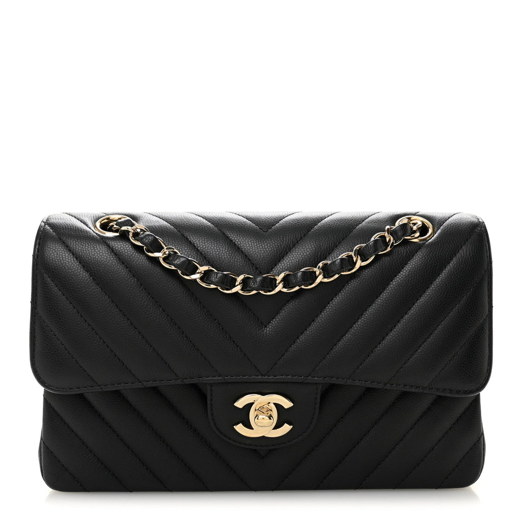 Caviar Flat Chevron Quilted Small Double Flap Black