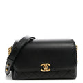 Calfskin Quilted Side Chain Compartment Flap Black
