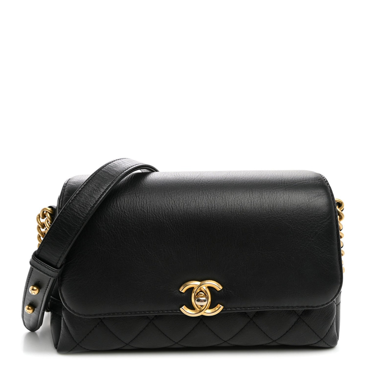 Calfskin Quilted Side Chain Compartment Flap Black