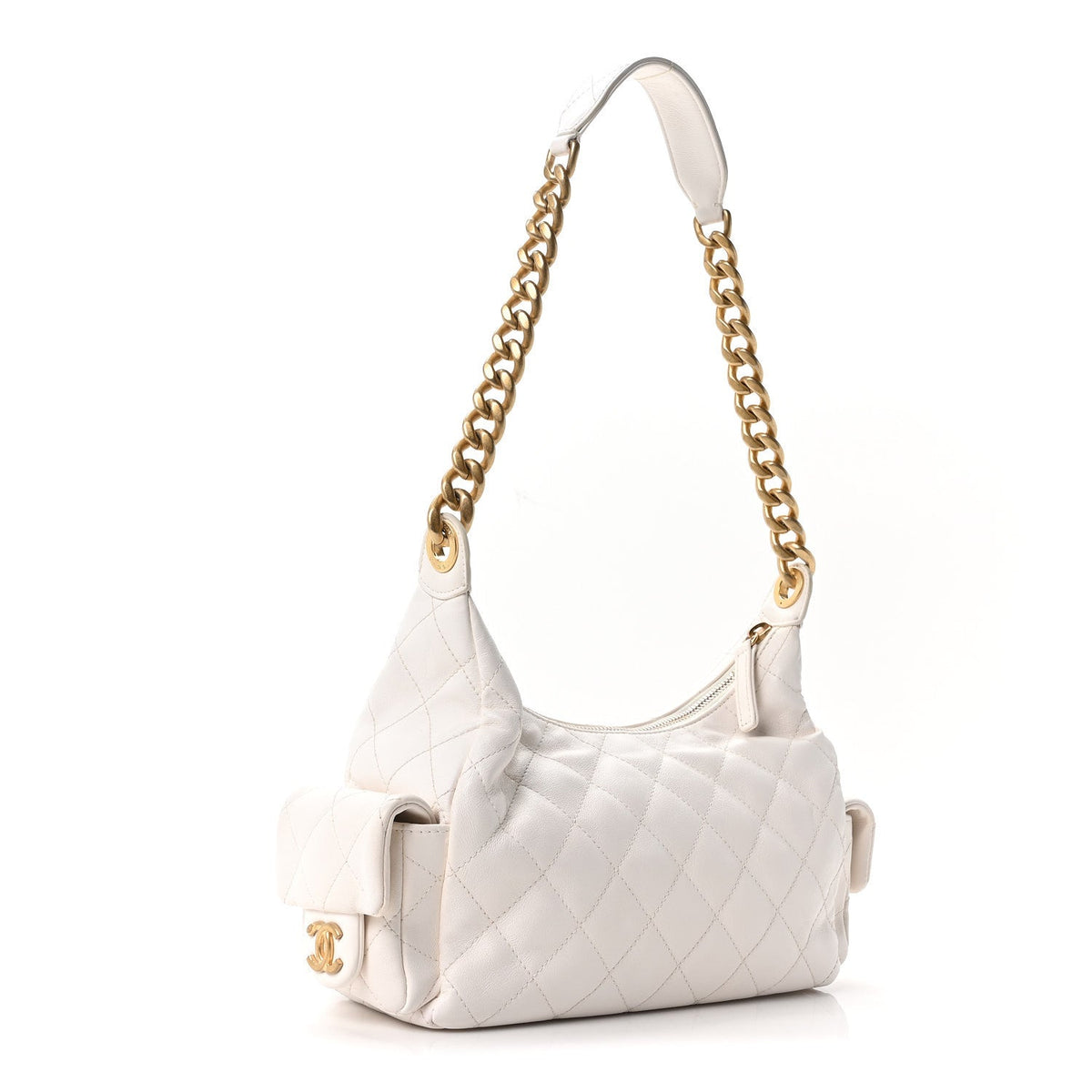 Shiny Lambskin Quilted Trendy Pockets Hobo White