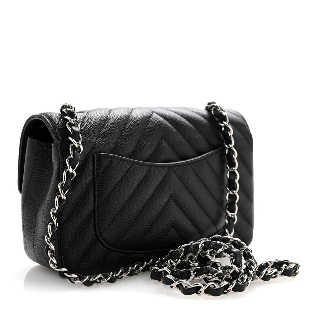 Caviar Chevron Quilted Mini Rectangular Flap Black