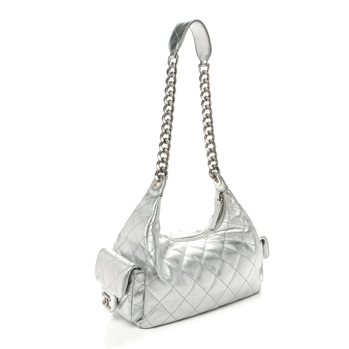 Metallic Lambskin Quilted Trendy Pockets Hobo Silver