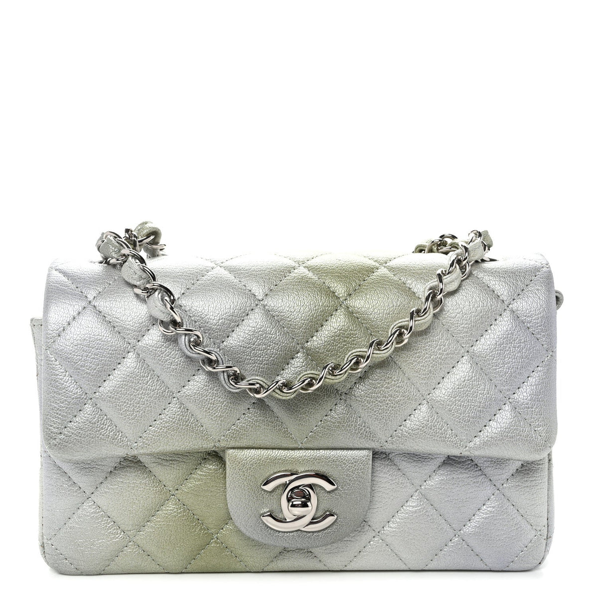 Metallic Goatskin Quilted Ombre Mini Rectangular Flap Grey Green