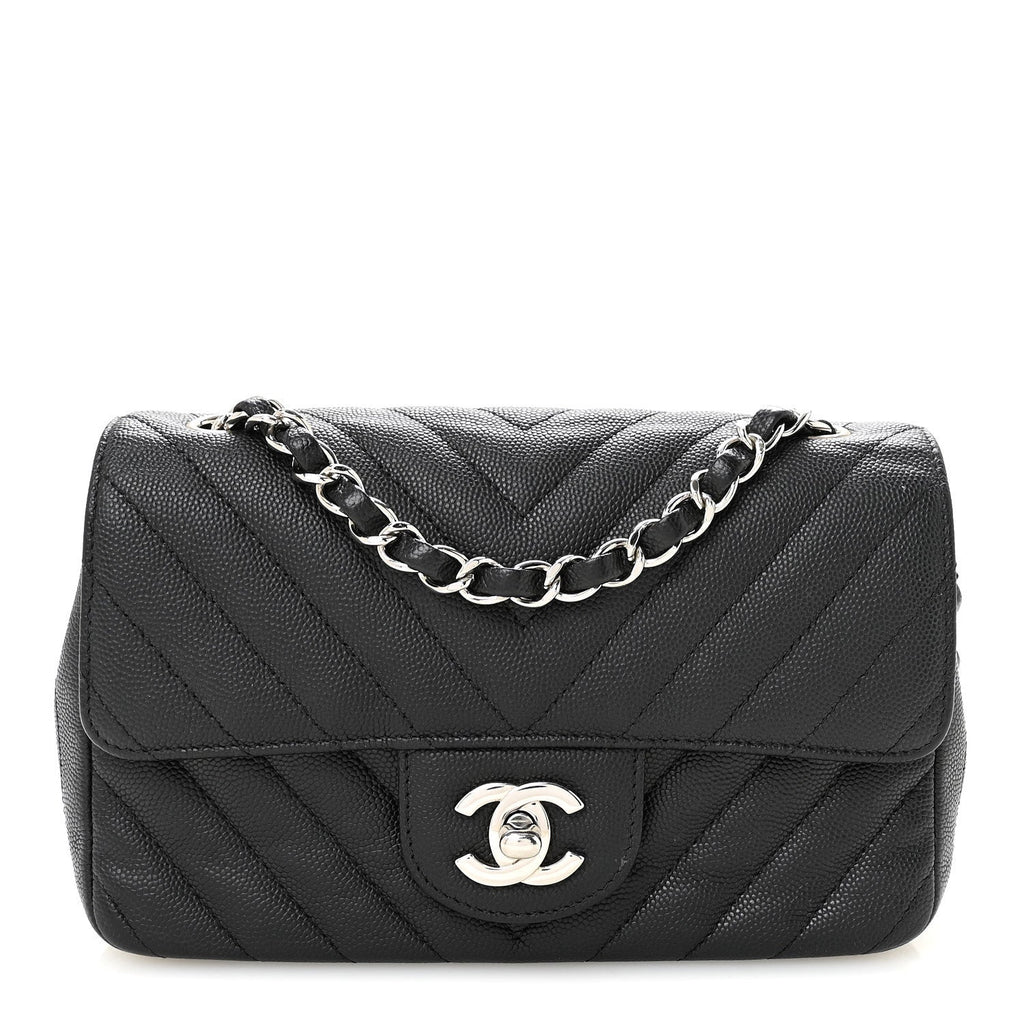 Caviar Chevron Quilted Mini Rectangular Flap Black