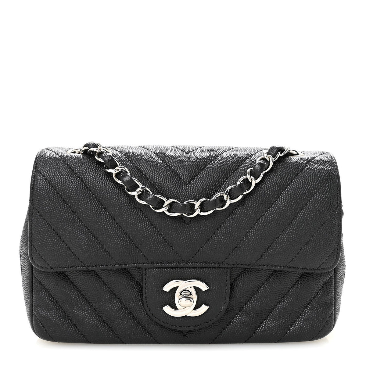 Caviar Chevron Quilted Mini Rectangular Flap Black