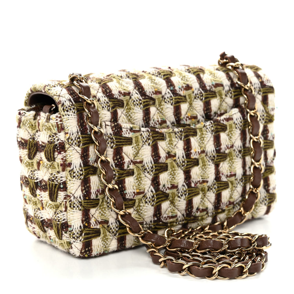 Tweed Quilted Mini Rectangular Flap Green Brown