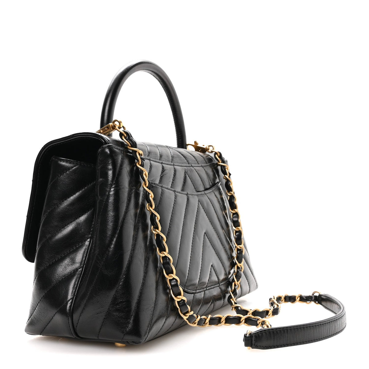 Aged Calfskin Chevron Quilted Small Coco Handle Flap Black