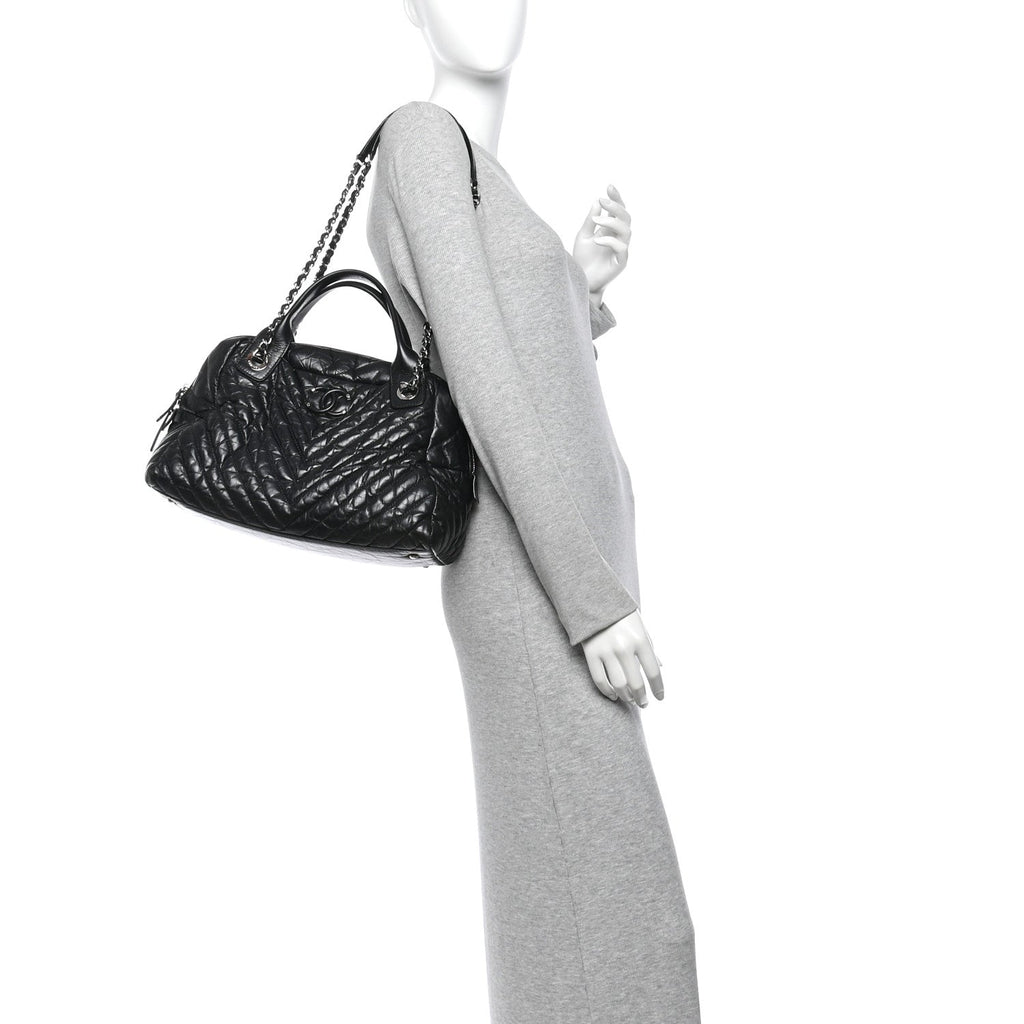 Aged Calfskin Chevron Medium Soft Bowling Bag Black