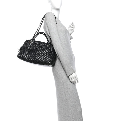 Aged Calfskin Chevron Medium Soft Bowling Bag Black