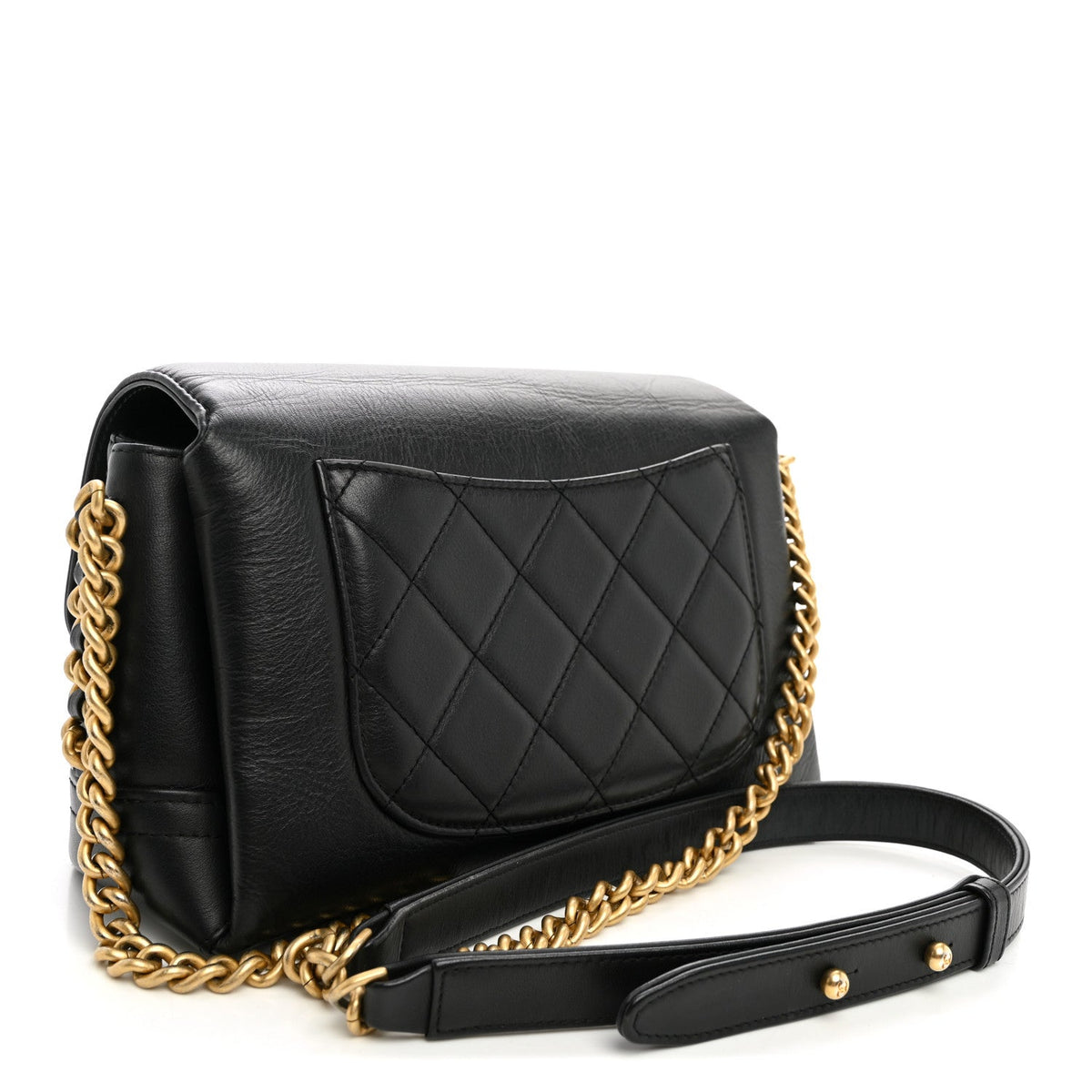 Calfskin Quilted Side Chain Compartment Flap Black