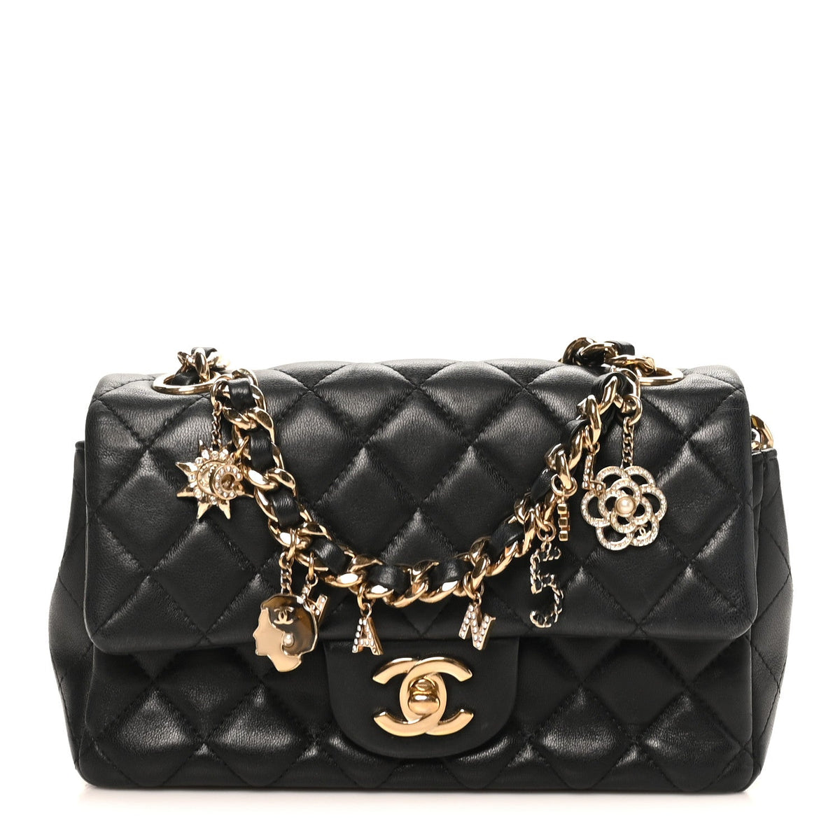 Lambskin Quilted Mini Coco Charms Rectangular Flap Black