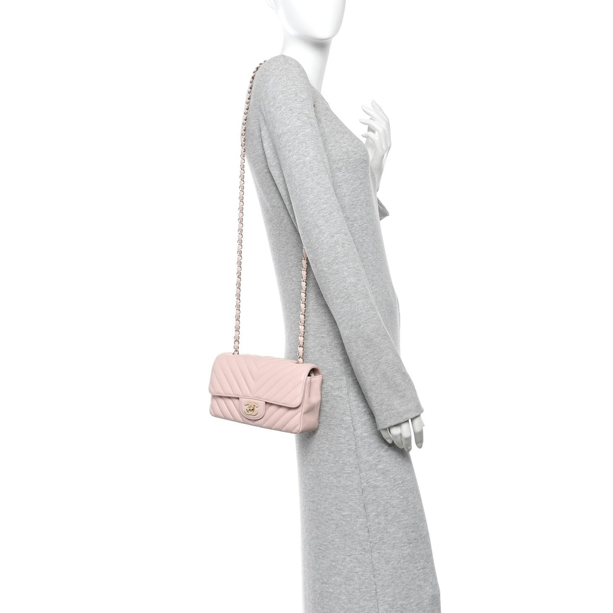 Calfskin Chevron Quilted Mini Rectangular Flap Light Pink