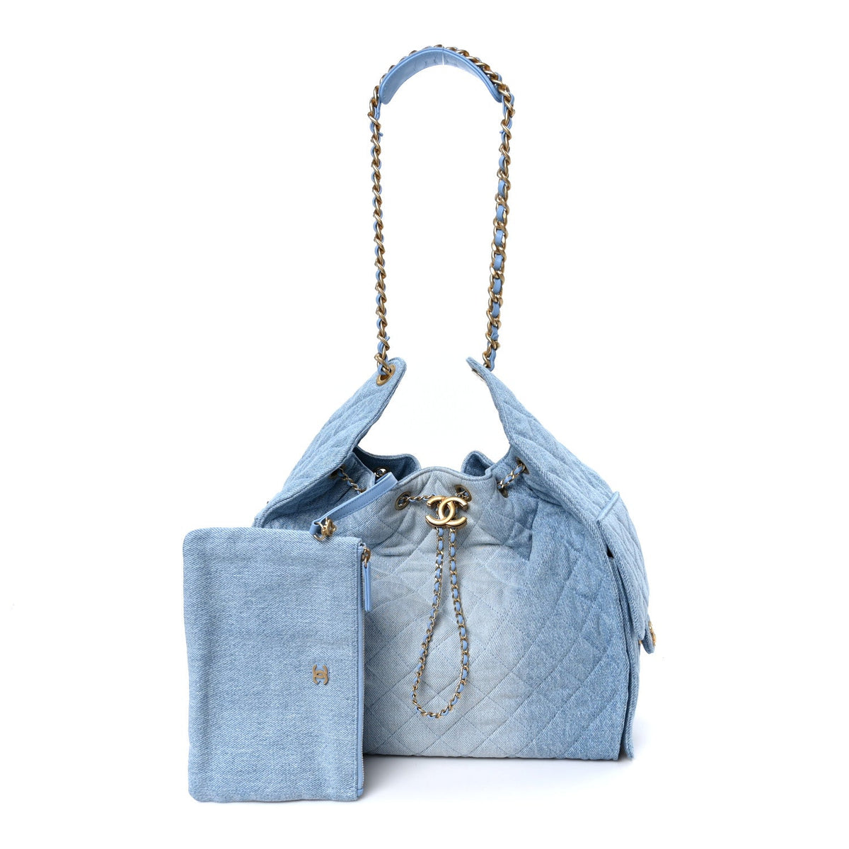 Washed Denim Quilted Medium Chanel 25 Handbag Blue