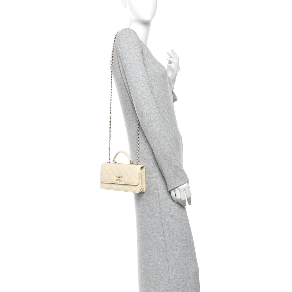Lambskin Quilted Trendy CC Dual Handle Clutch With Chain Light Beige