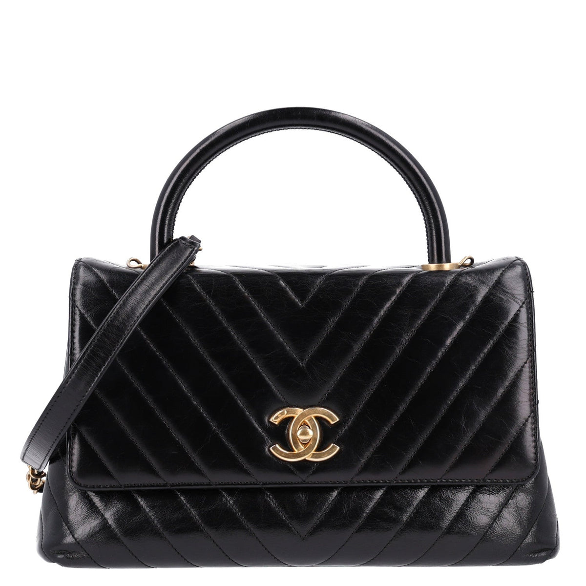 Aged Calfskin Chevron Quilted Small Coco Handle Flap Black