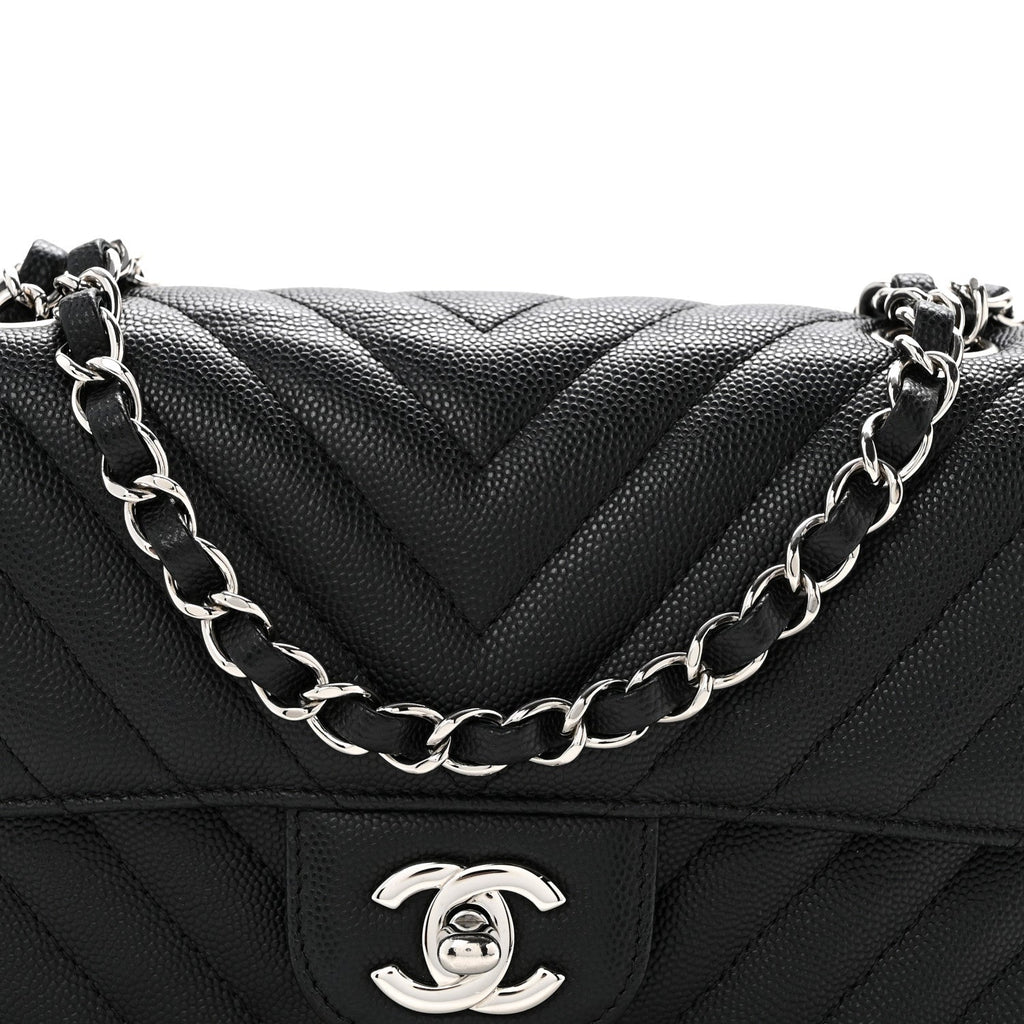 Caviar Chevron Quilted Mini Rectangular Flap Black