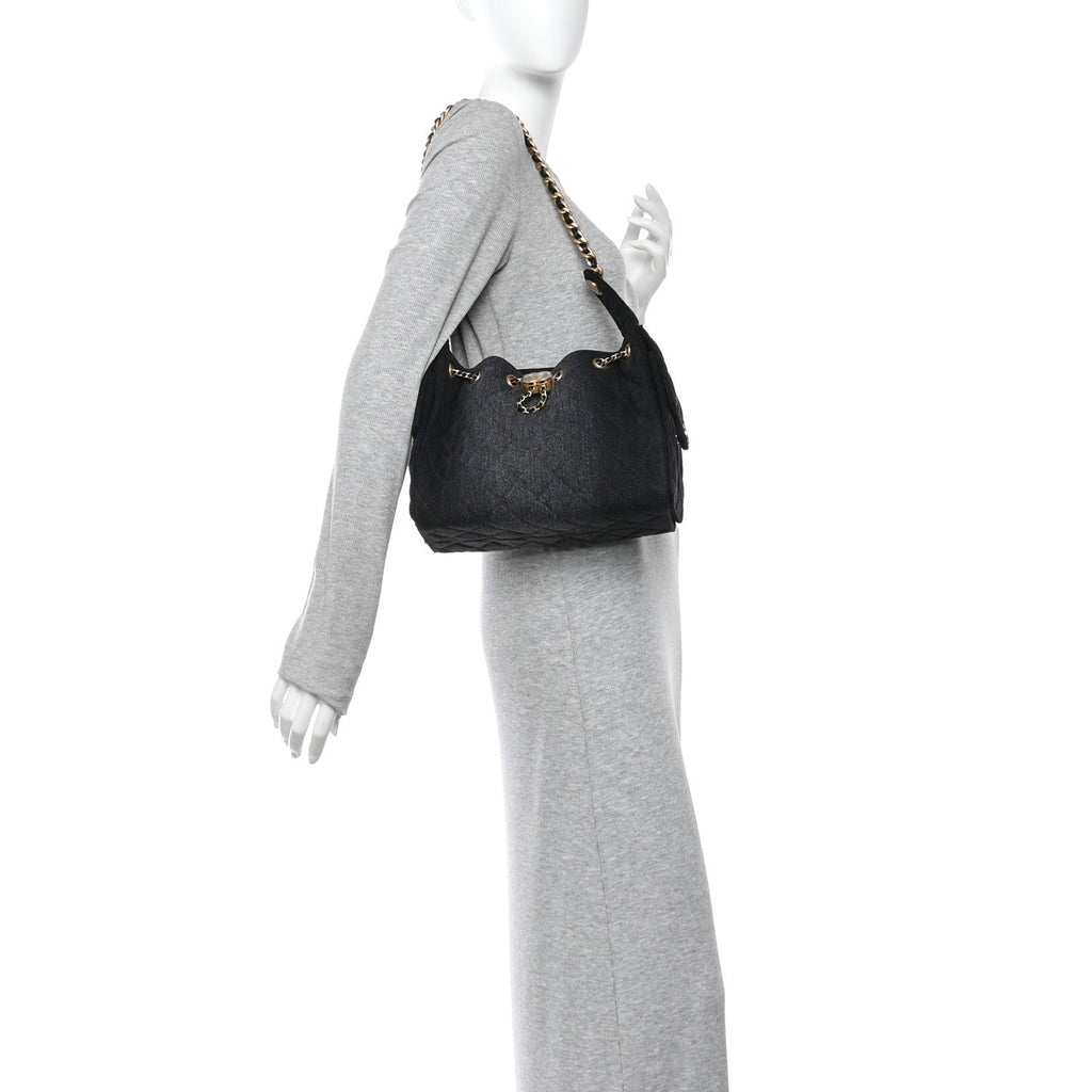 Washed Denim Quilted Small Chanel 25 Handbag Black