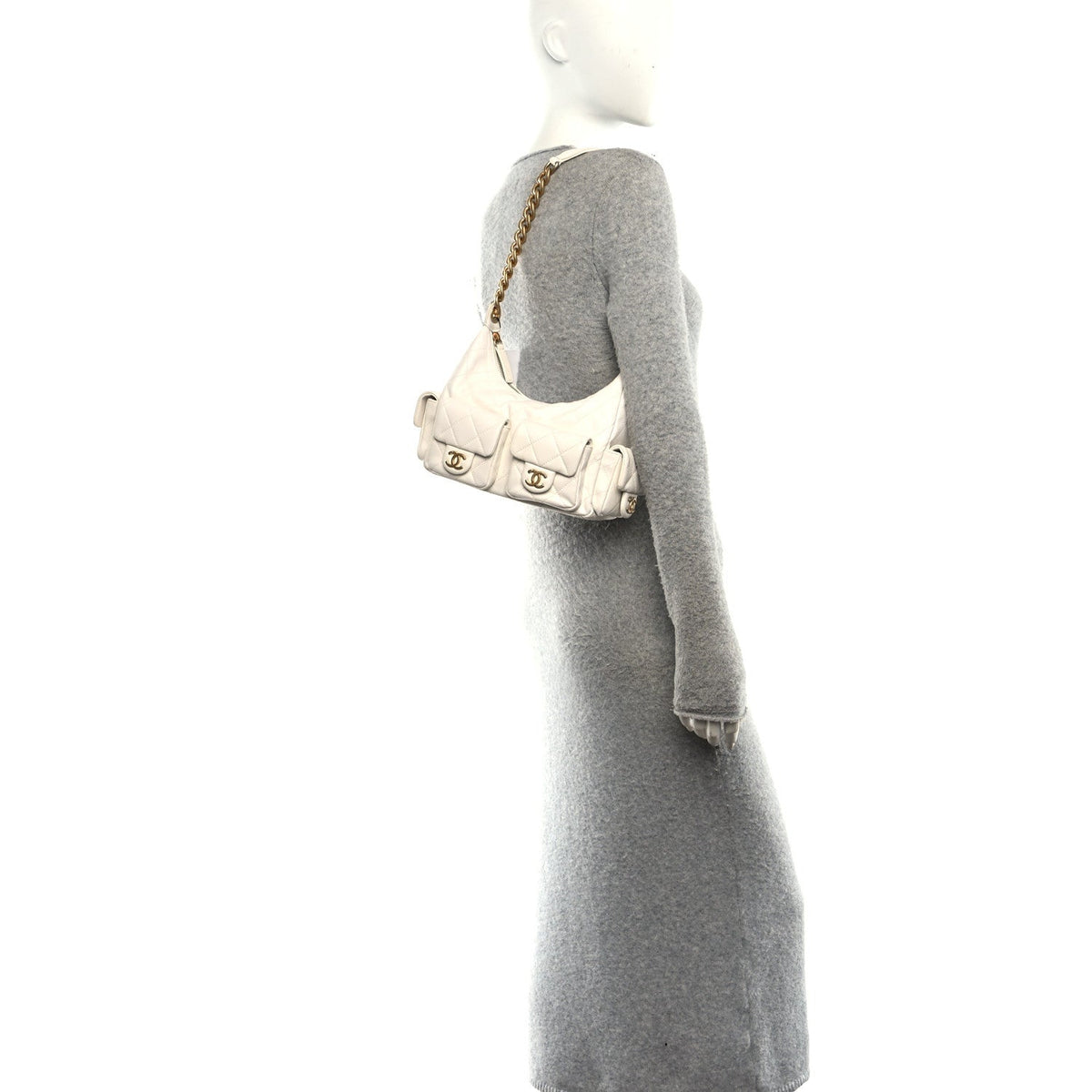 Shiny Lambskin Quilted Trendy Pockets Hobo White