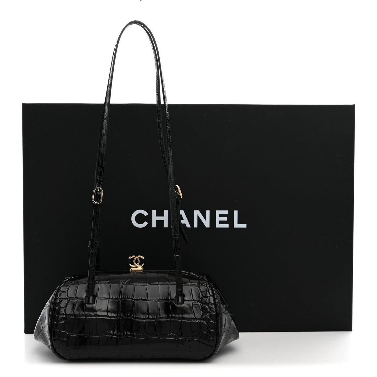 Calfskin Crocodile Embossed Pretty CC Clutch With Strap Black