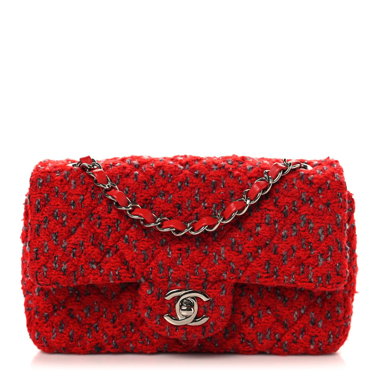 Tweed Quilted Mini Rectangular Flap Red Grey