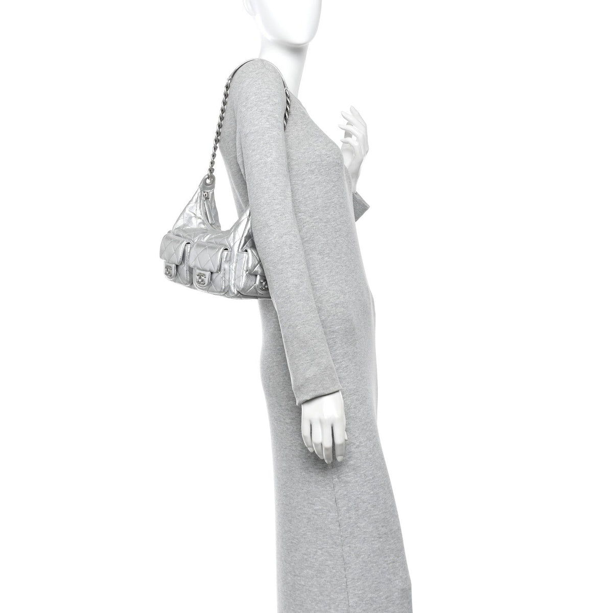 Metallic Lambskin Quilted Trendy Pockets Hobo Silver