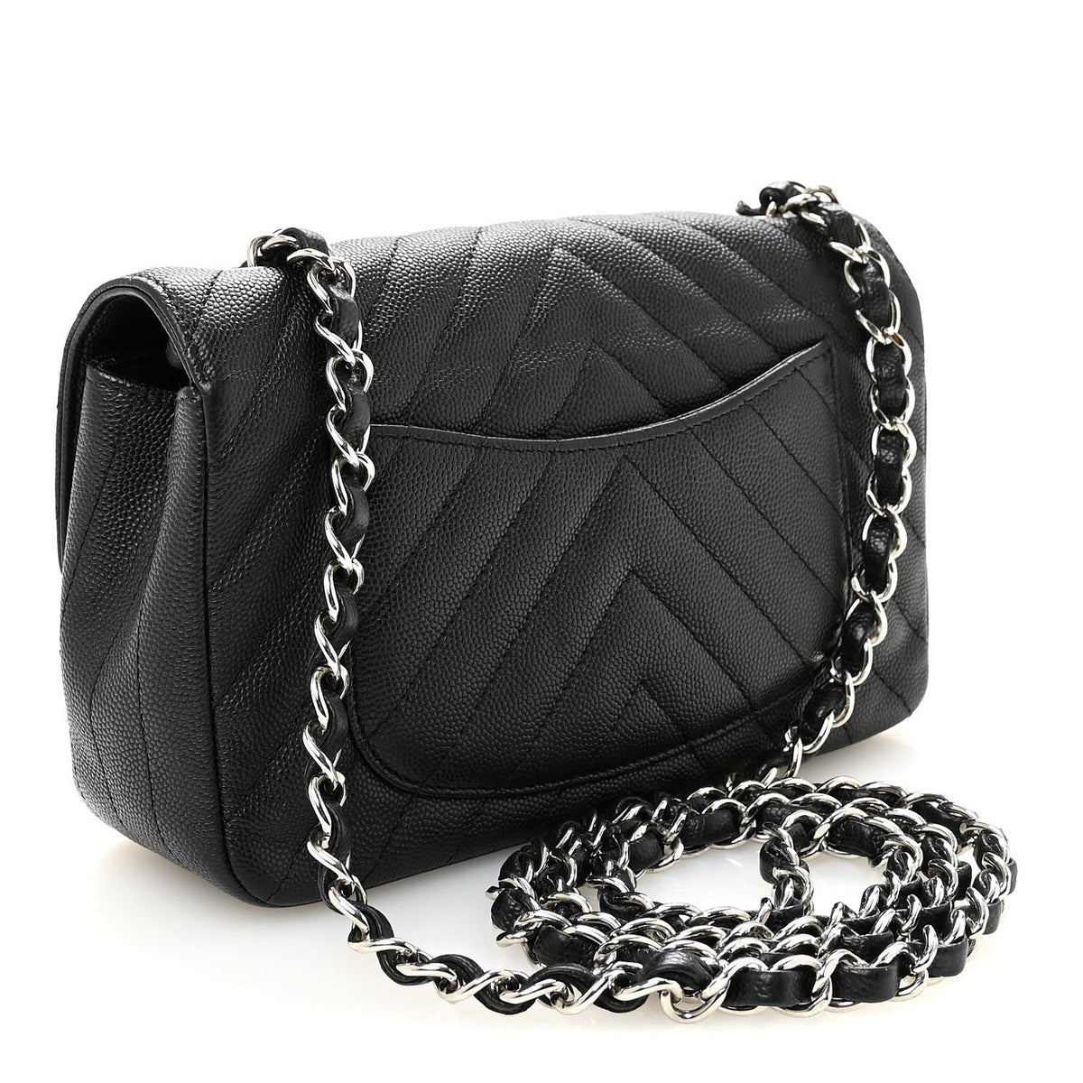 Caviar Chevron Quilted Mini Rectangular Flap Black