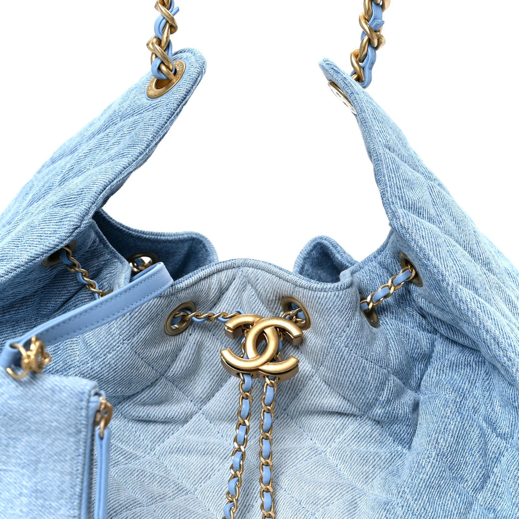 Washed Denim Quilted Medium Chanel 25 Handbag Blue