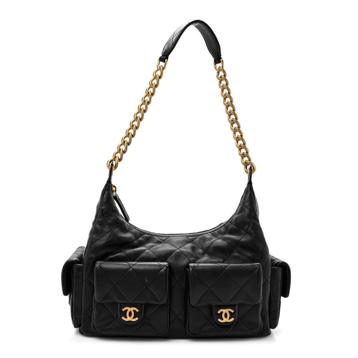 Shiny Lambskin Quilted Trendy Pockets Hobo Black Black