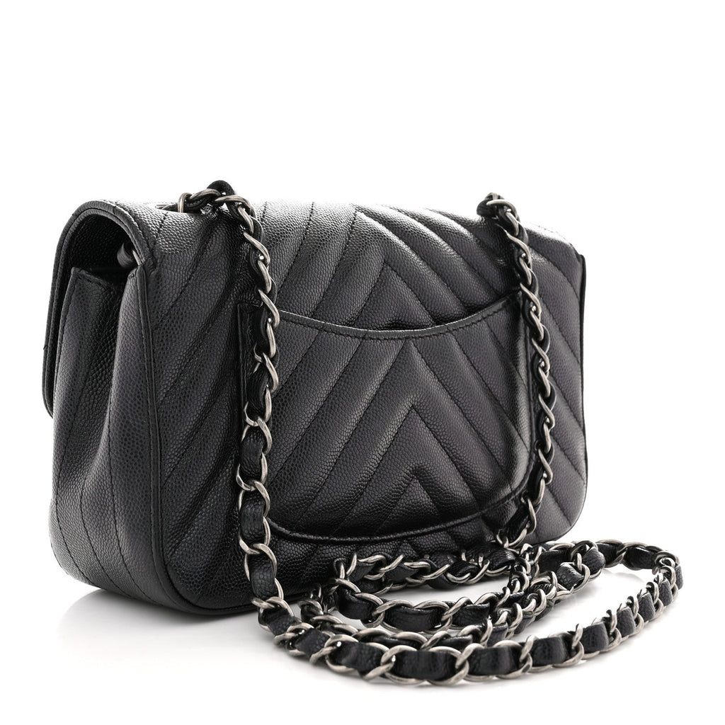 Iridescent Caviar Chevron Quilted Mini Rectangular Flap Black