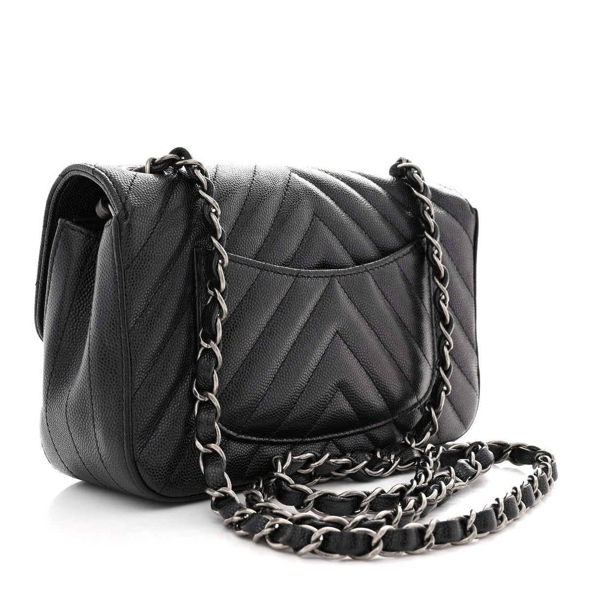 Iridescent Caviar Chevron Quilted Mini Rectangular Flap Black