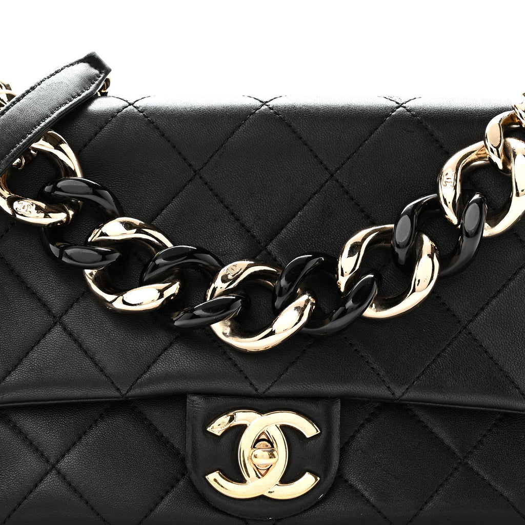 Lambskin Quilted Resin Bi-Color Chain Flap Bag Black