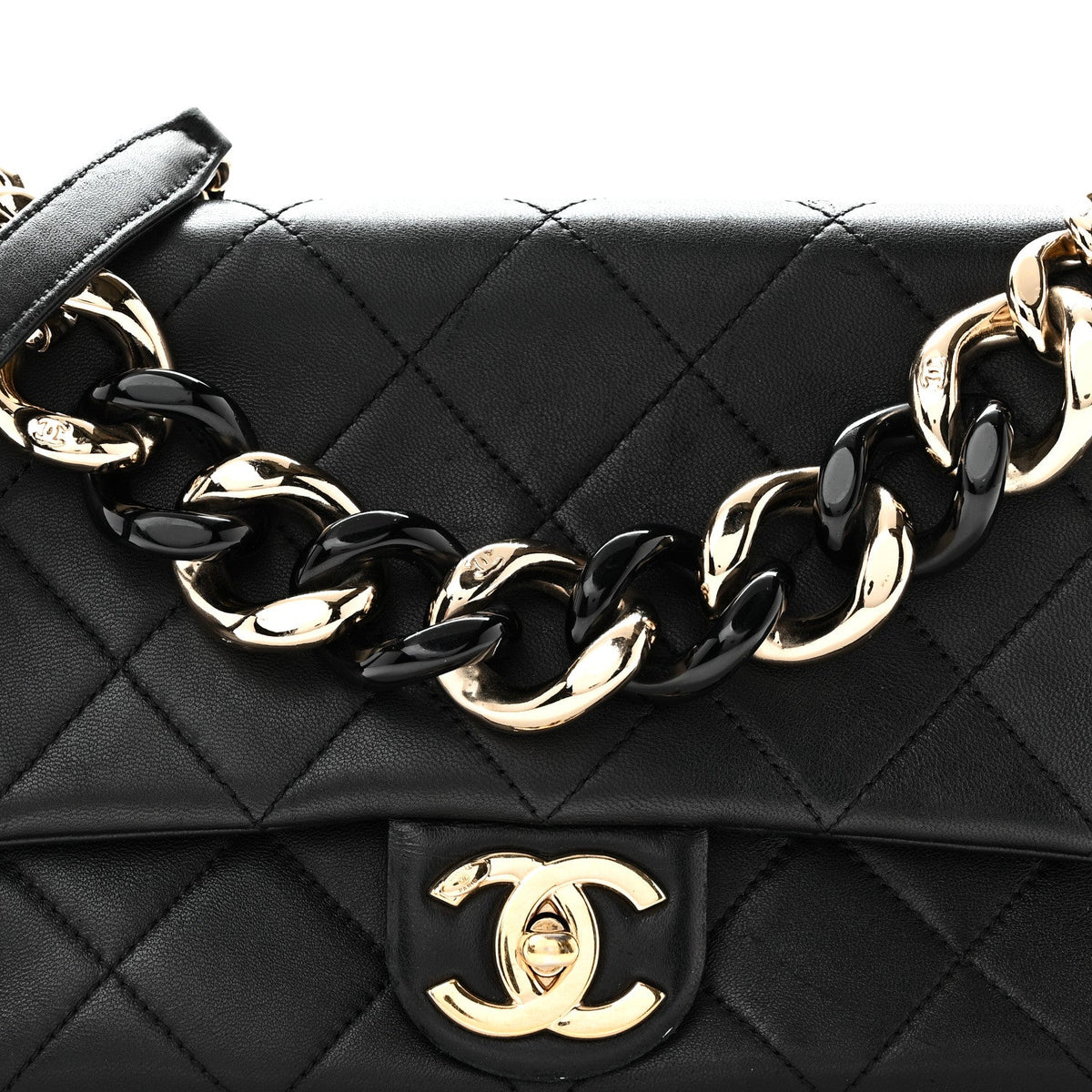 Lambskin Quilted Resin Bi-Color Chain Flap Bag Black