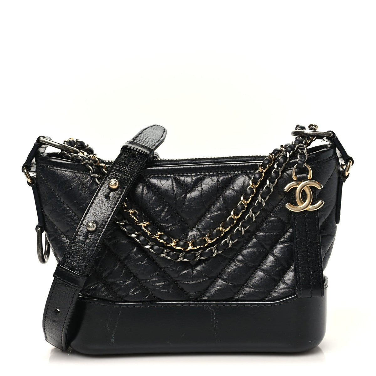 Aged Calfskin Chevron Quilted Small Gabrielle Hobo Black
