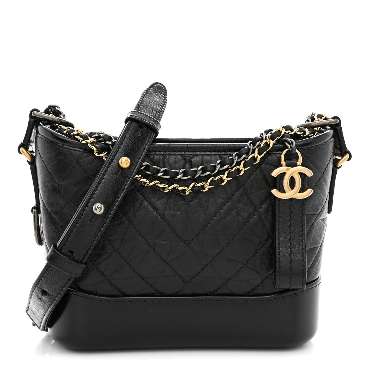 Aged Calfskin Chevron Quilted Small Gabrielle Hobo  Black
