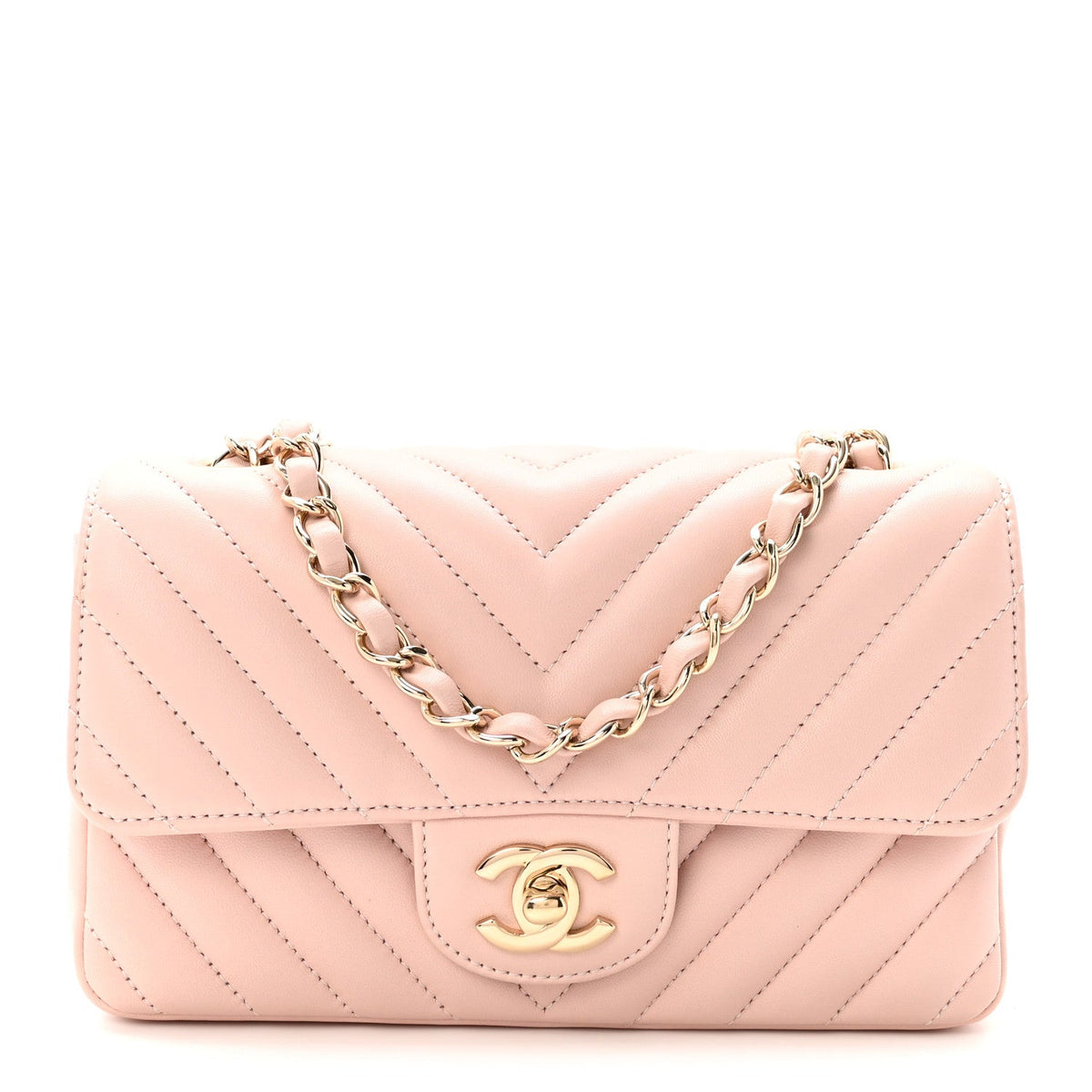 Calfskin Chevron Quilted Mini Rectangular Flap Light Pink