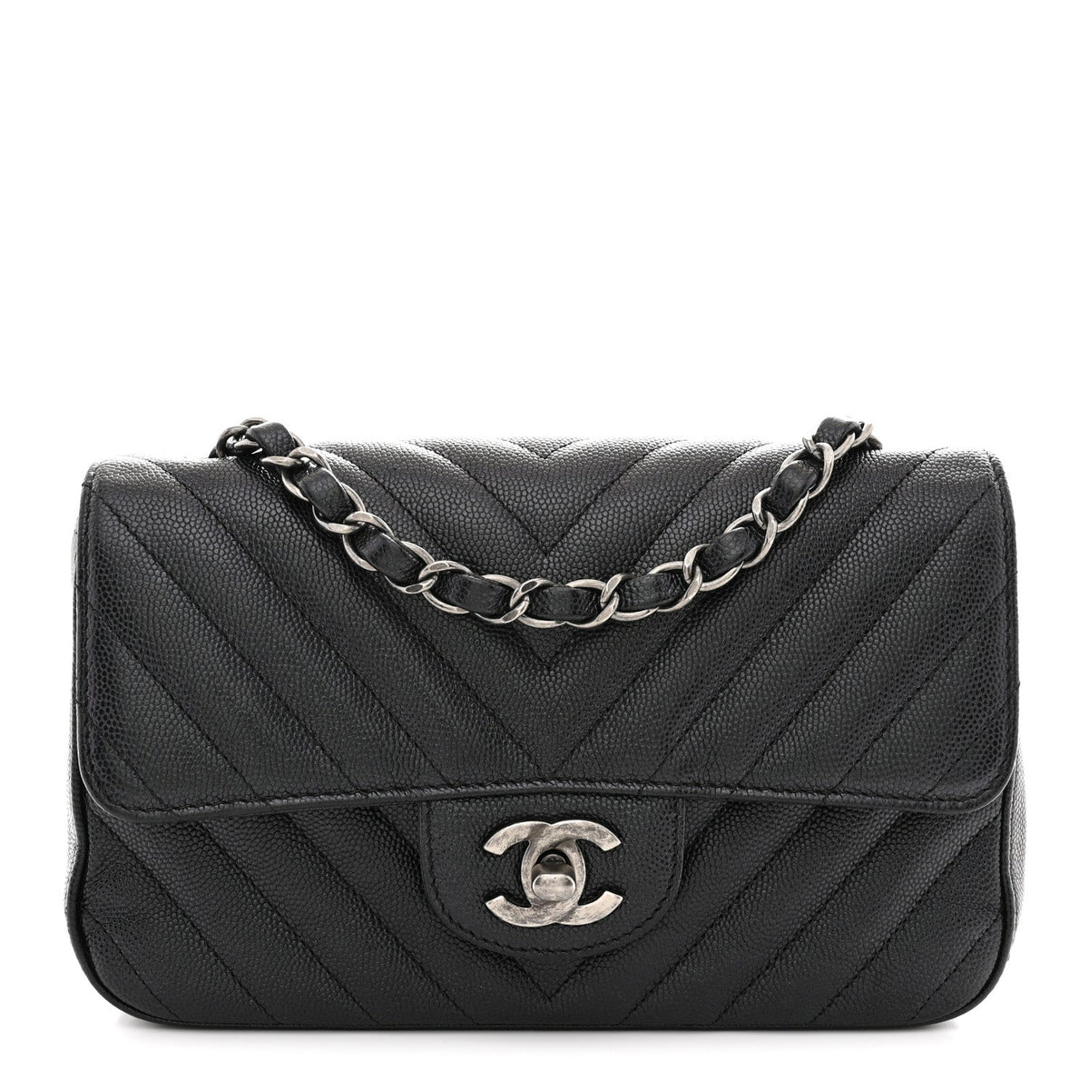 Iridescent Caviar Chevron Quilted Mini Rectangular Flap Black