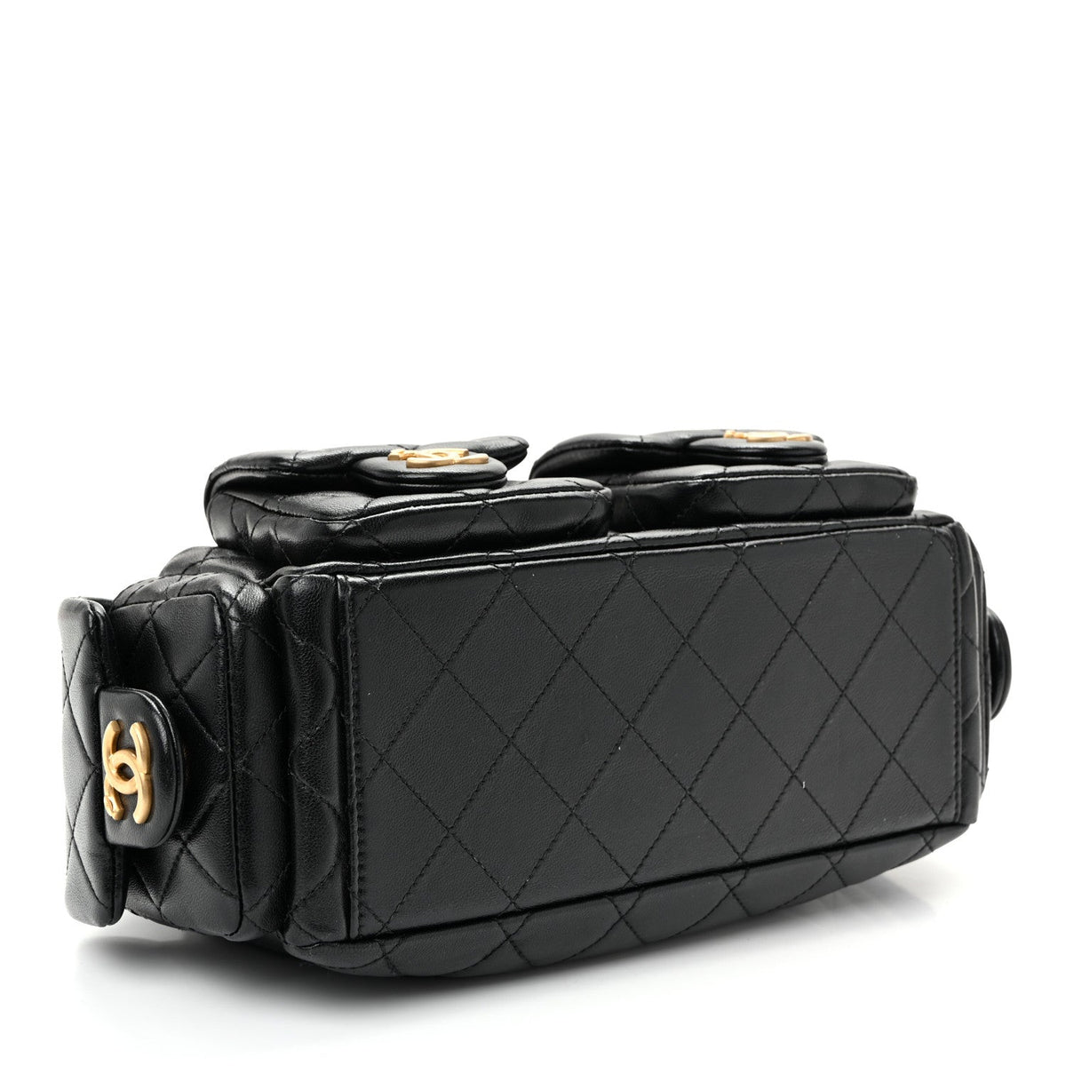 Shiny Lambskin Quilted Trendy Pockets Hobo Black