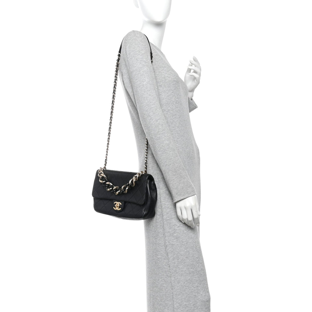 Lambskin Quilted Resin Bi-Color Chain Flap Bag Black