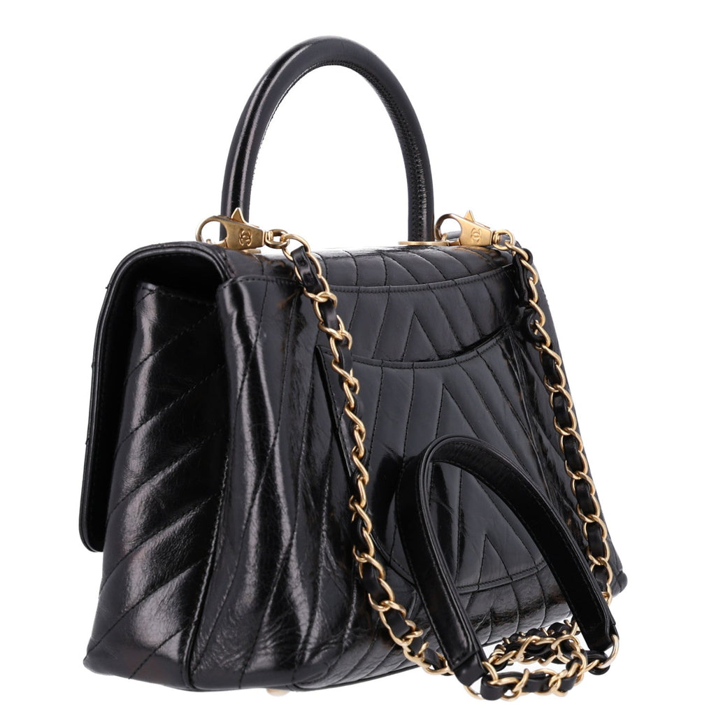 Aged Calfskin Chevron Quilted Small Coco Handle Flap Black