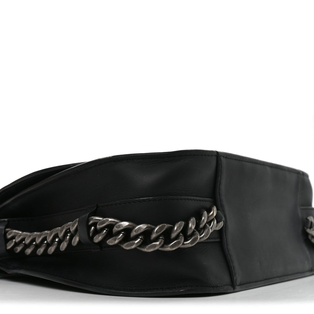 Calfskin Quilted Medium Double Chained Messenger Flap  Black