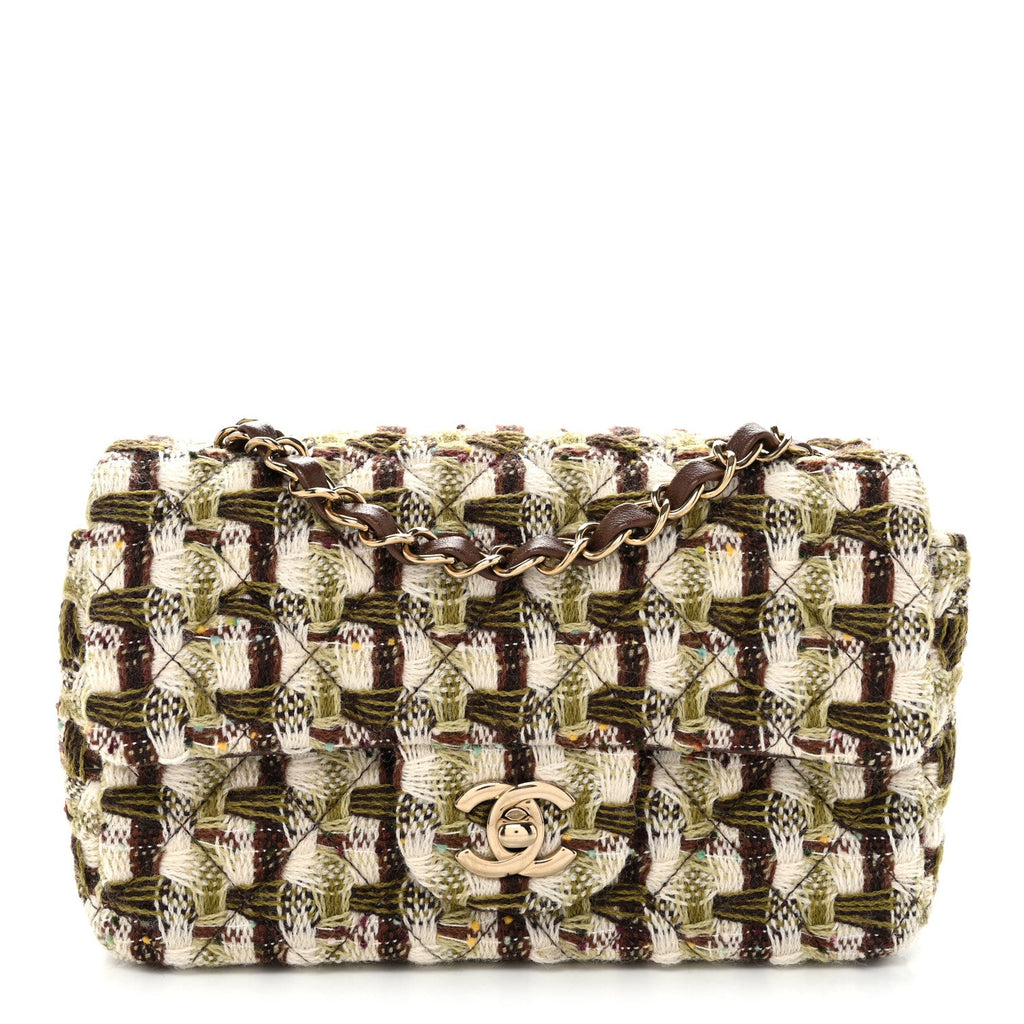 Tweed Quilted Mini Rectangular Flap Green Brown
