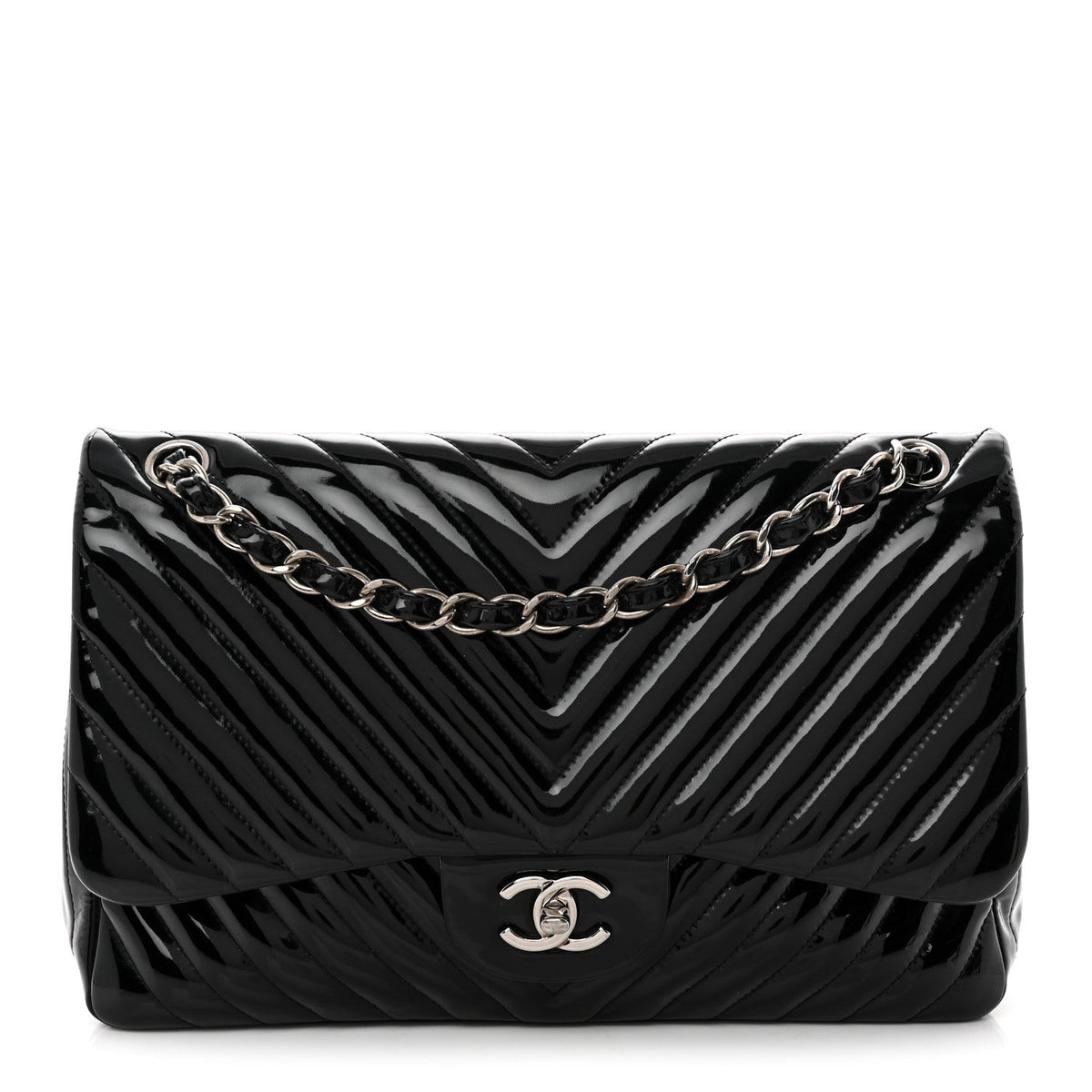 Patent Chevron Quilted Jumbo Double Flap Black
