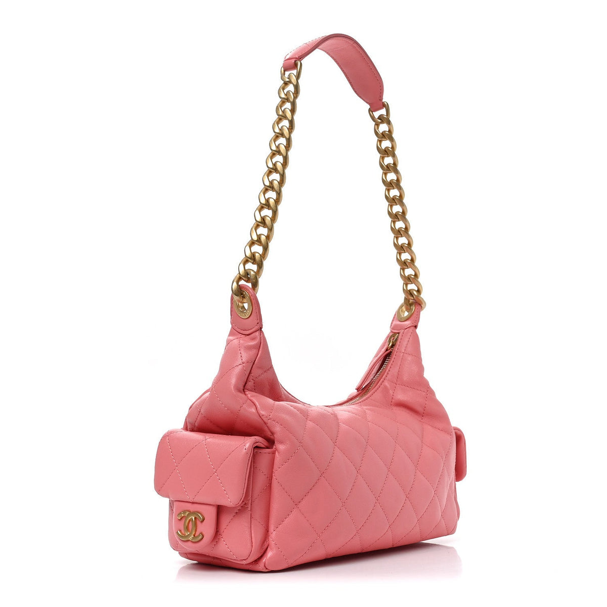 Shiny Lambskin Quilted Trendy Pockets Hobo Coral Pink